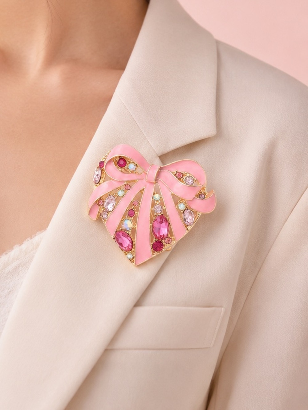 Pink Heart Bow Crystal Brooch